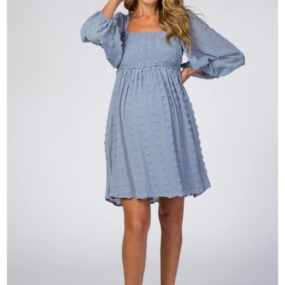 PinkBlush Blue Textured Dot Maternity Dress - Picture 3 of 3